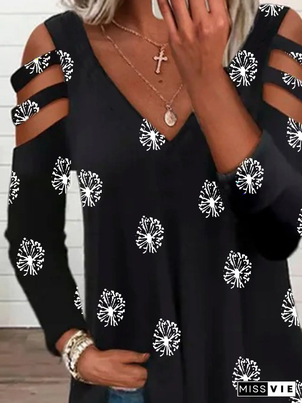 Casual Dandelion V neck Loose Long Sleeve T-Shirt