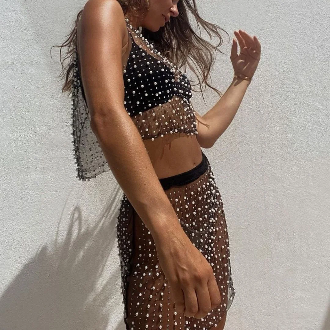 Jangj See Through Mesh Women Outfits Party Club Crop Top Shirts And Mini Skirts Two Piece Set Sexy Beach 2022 Summer Pearls