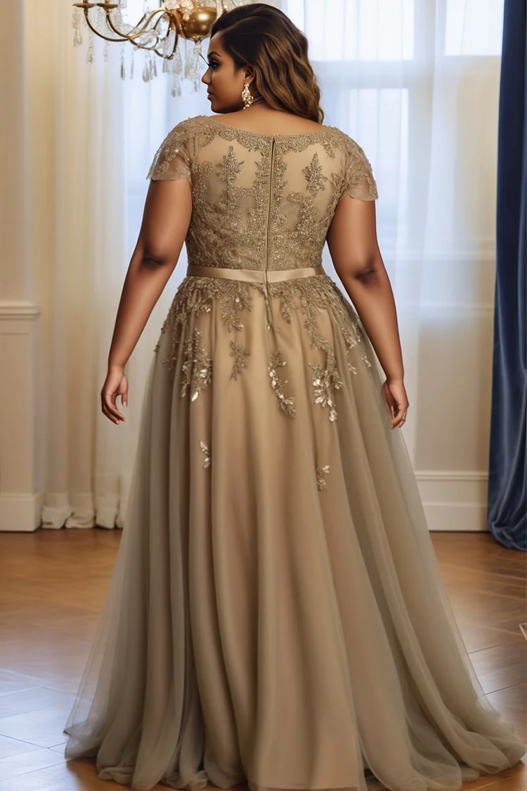 Xpluswear Design Plus Size Formal Grey V Neck Short Sleeve Embroidery Tulle Maxi Dresses [Pre-Order]