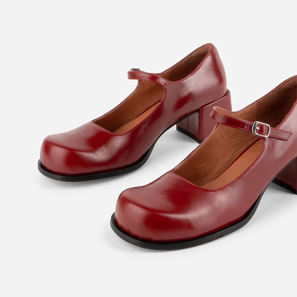 Vegan Leather Round Toe Buckled Women Mary Jane Shoes in Maroon