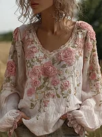Bohemian Style Pink Floral Design V-neck Long-sleeve Top1