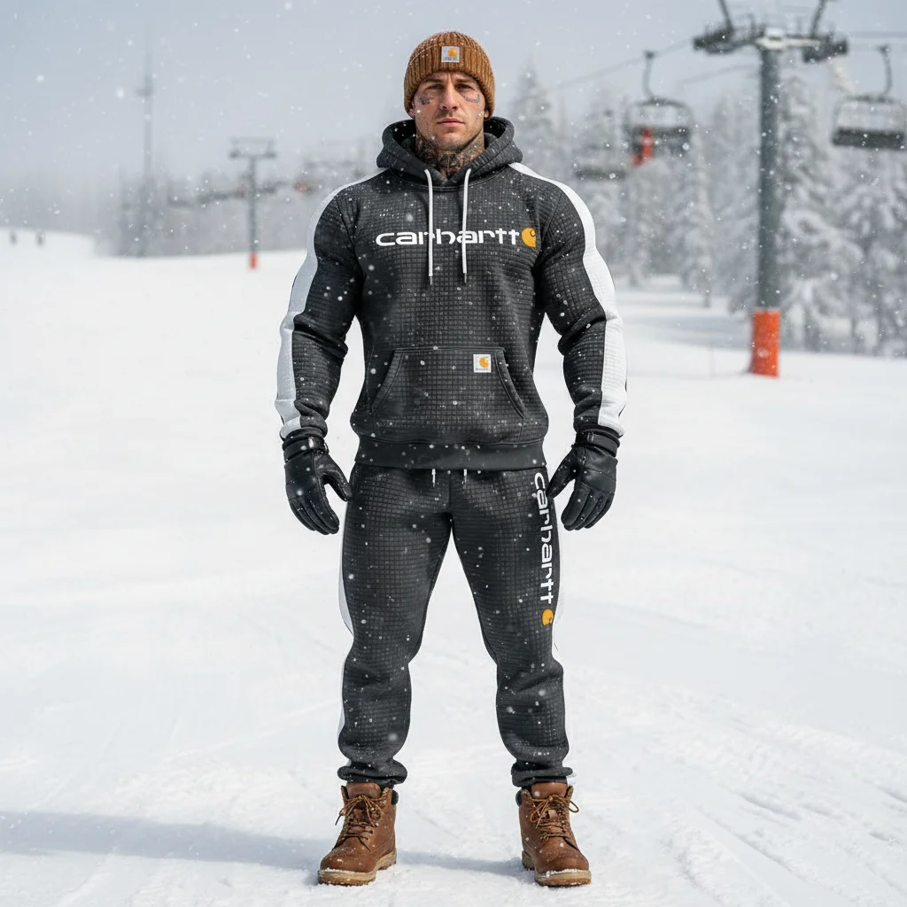 Men's Vintage Dark Gray White Waffle Quilted Plaid Pocket Hoodie And Sweatpants Jogger Set