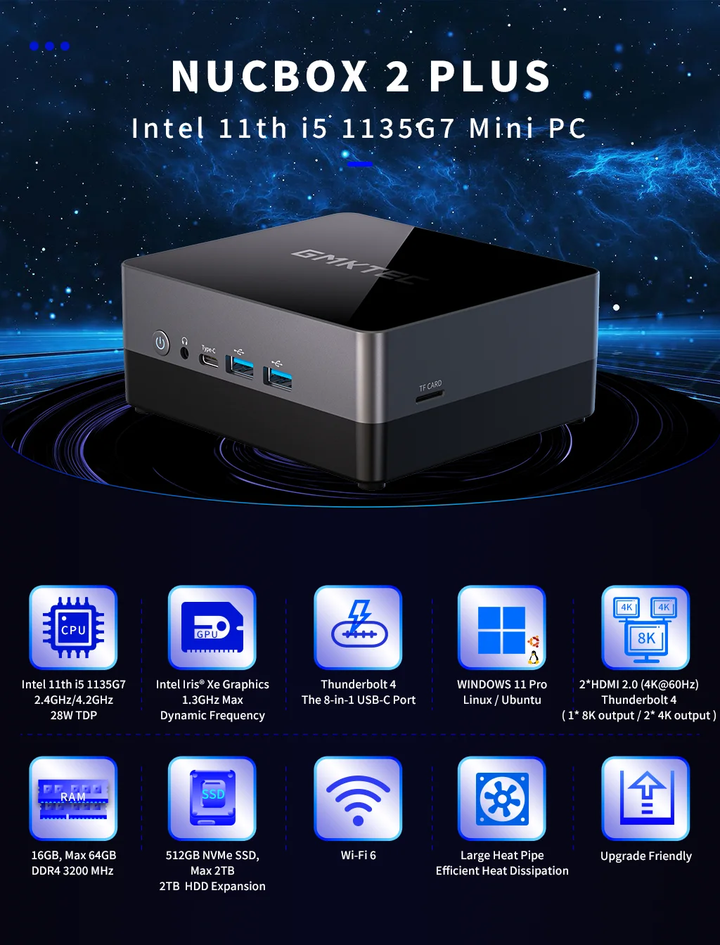 パソコン GMKtec Nucbox2 Plus I5-1135G7 RAM32G SSD512G GMKtec NucBox 2 PLUS i5-1135G7 迷你電腦