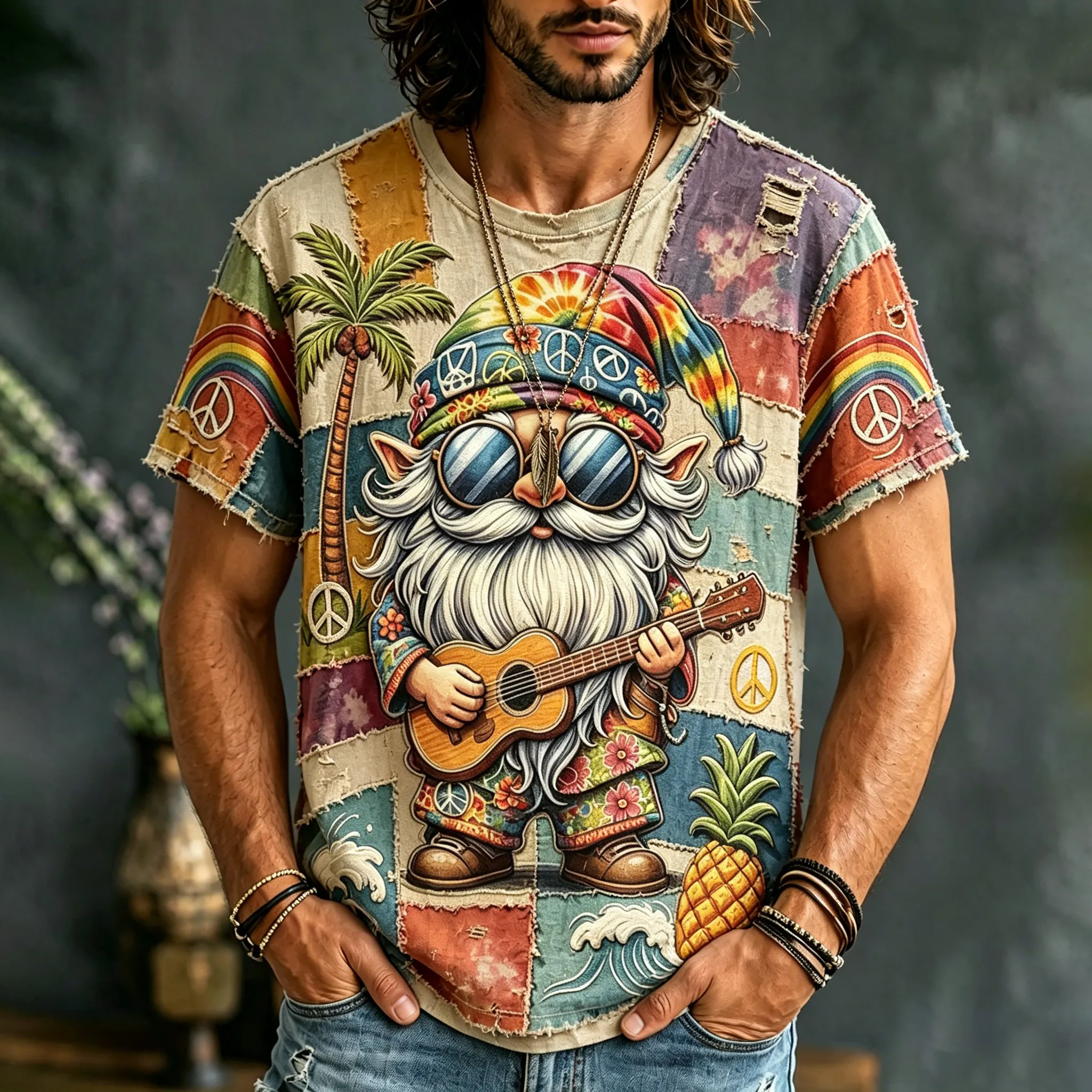 Men's Fun Patchwork Peace Gnome Guitar Art Print T-shirt elevenforest