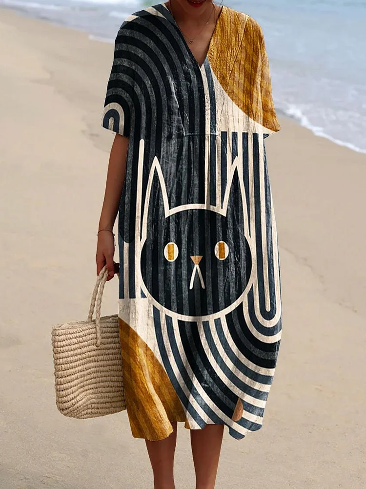 Women's Vintage Abstract Line Cat Art Print Flowy Dress