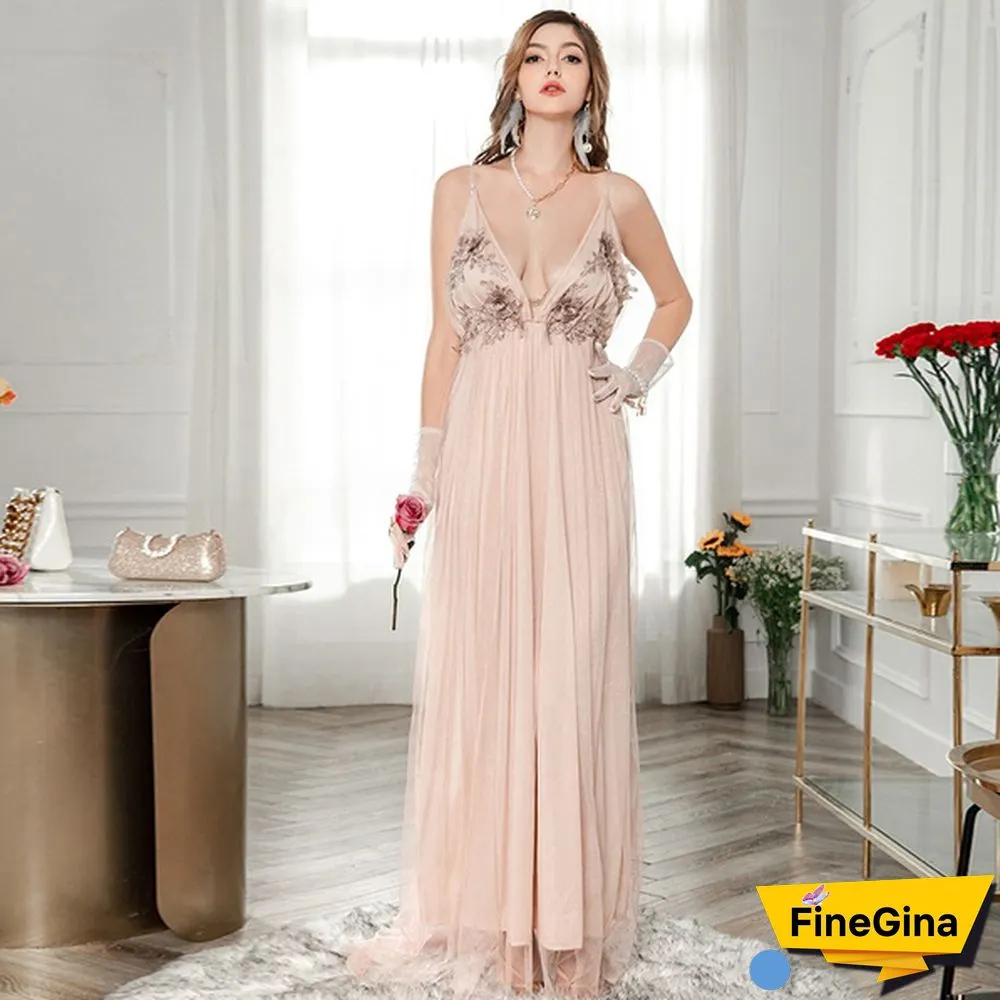 Fashion Plunging Neck Backless Flower Wedding Mesh Dress