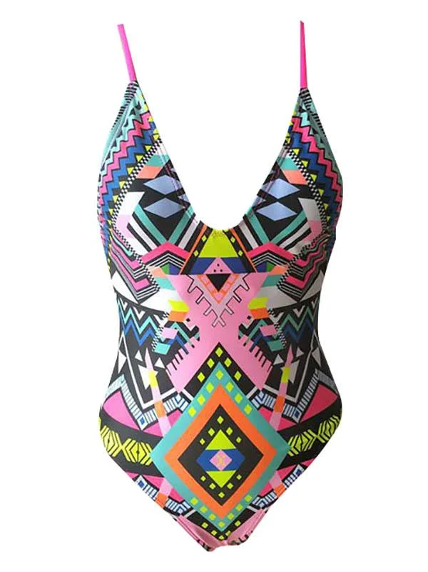 Abstract Printed Spaghetti-Neck One-Piece Swimwear