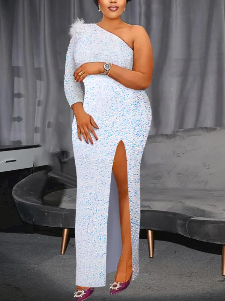 Neosepa-Glamourous Single Shoulder White And Blue Sequins High Slit Prom Dress