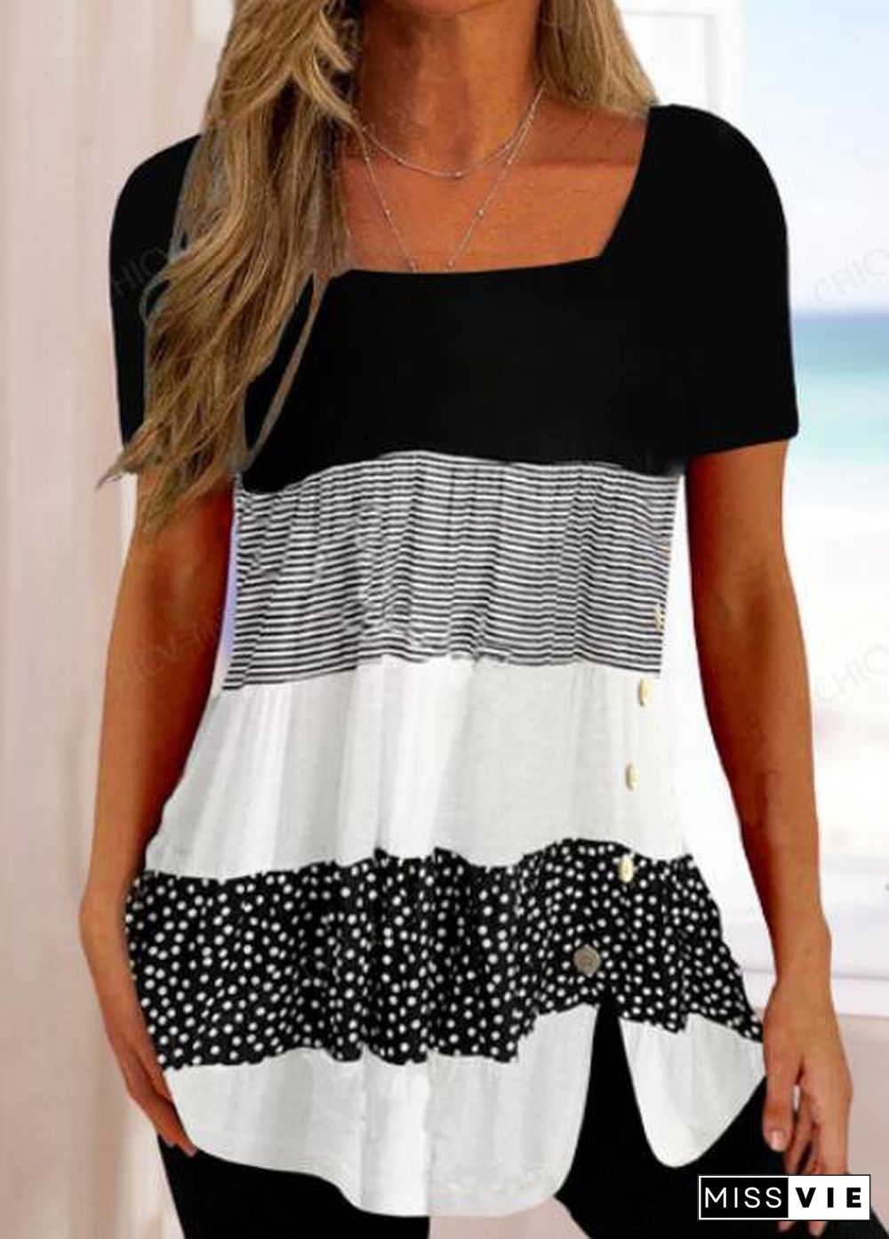 Striped Square Neck Loose T-Shirt