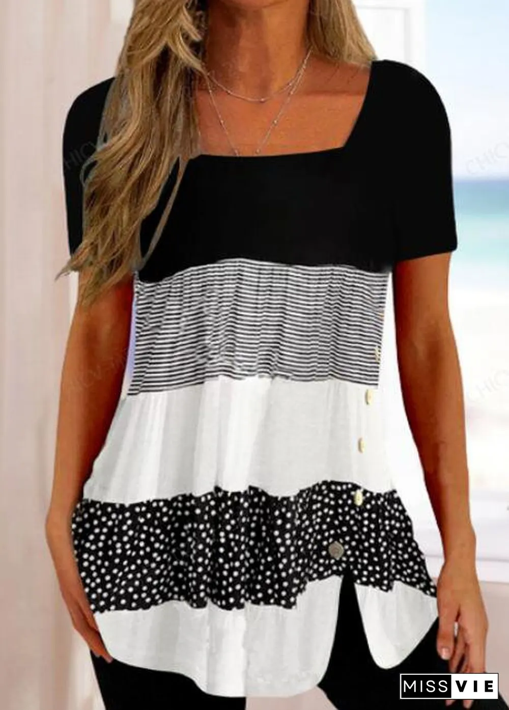 Striped Square Neck Loose T-Shirt