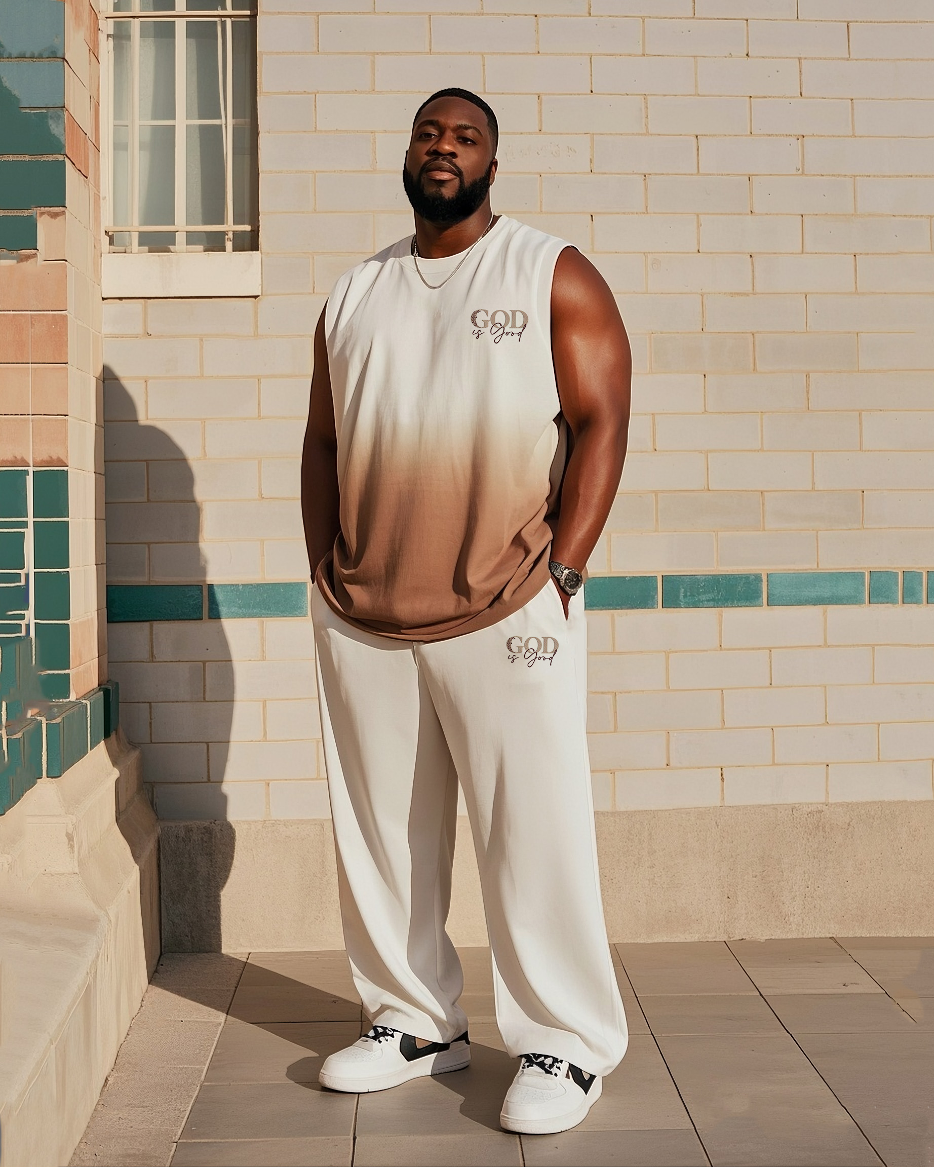 Men's Plus Size Daily Casual White Gradient Khaki-Faith Printed Vest Trousers Suit