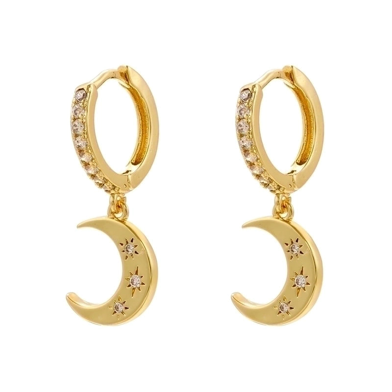1 Pair Elegant Cute Pentagram Moon Plating Hollow Out Inlay Copper Zircon 18k Gold Plated Drop Earrings