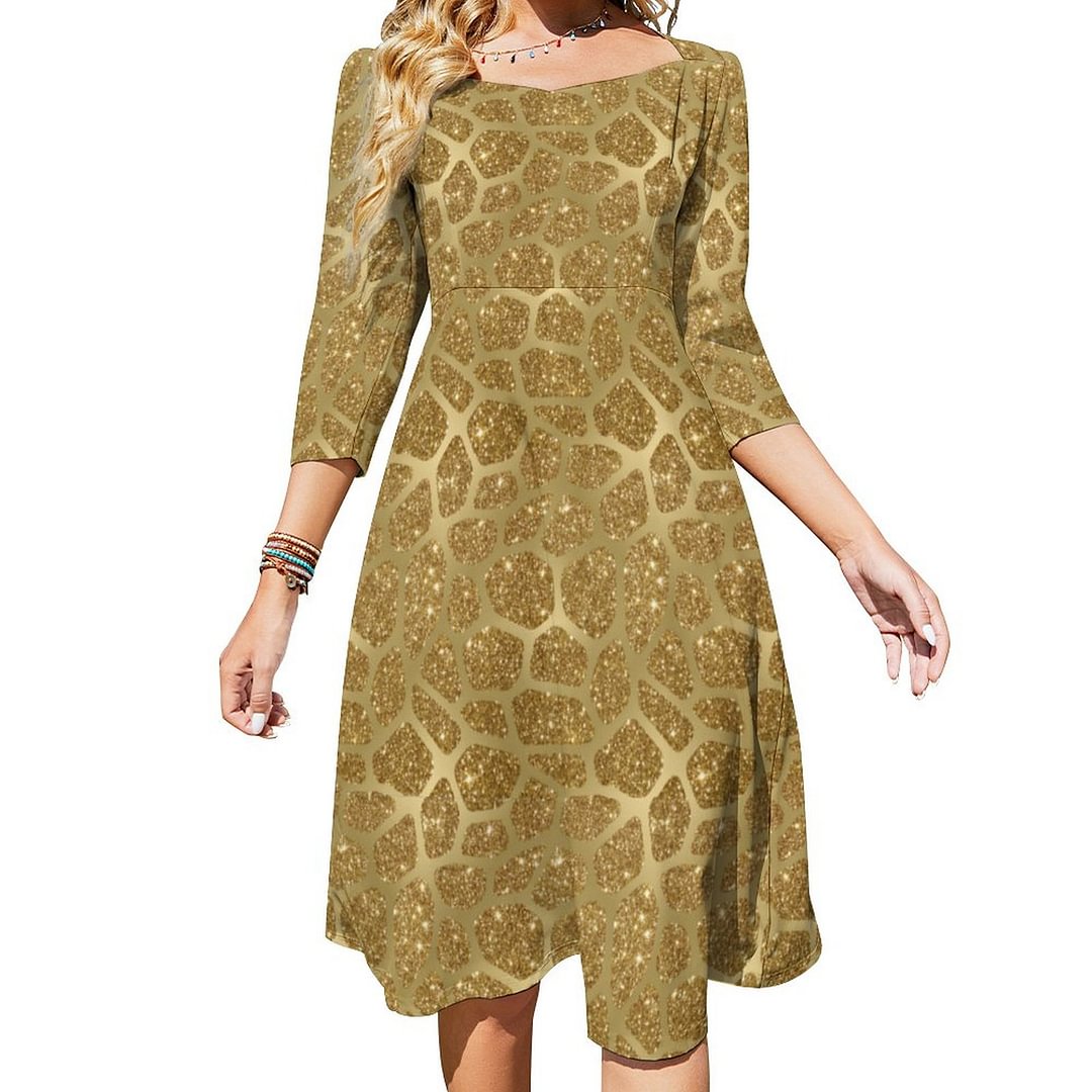 Gold Glitter Giraffe Print Dress Sweetheart Tie Back Flared 3/4 Sleeve Midi Dresses