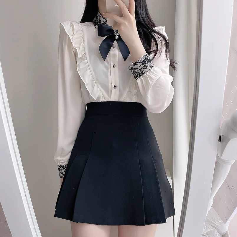 PEARL BOW LACE LAPEL RUFFLE LONG SLEEVE SHIRT