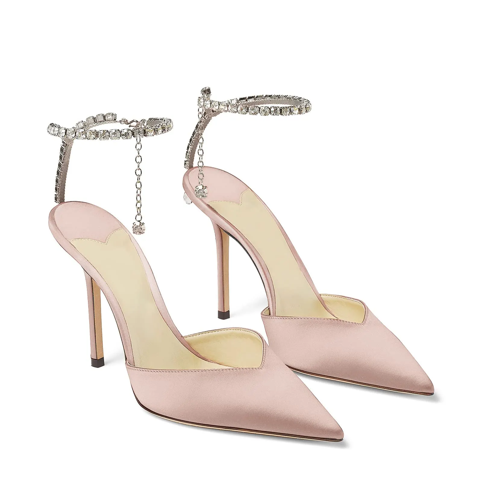 100mm Women's Sandals Crystal Chain Ankle Straps Rhinestones Buckle Heels Stiletto Satin Dress Shoes-vocosishoes