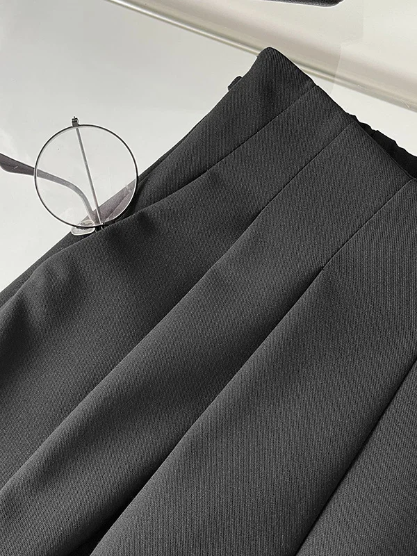 Pleated Pockets Solid Color High Waisted Loose Trousers Suit Pants