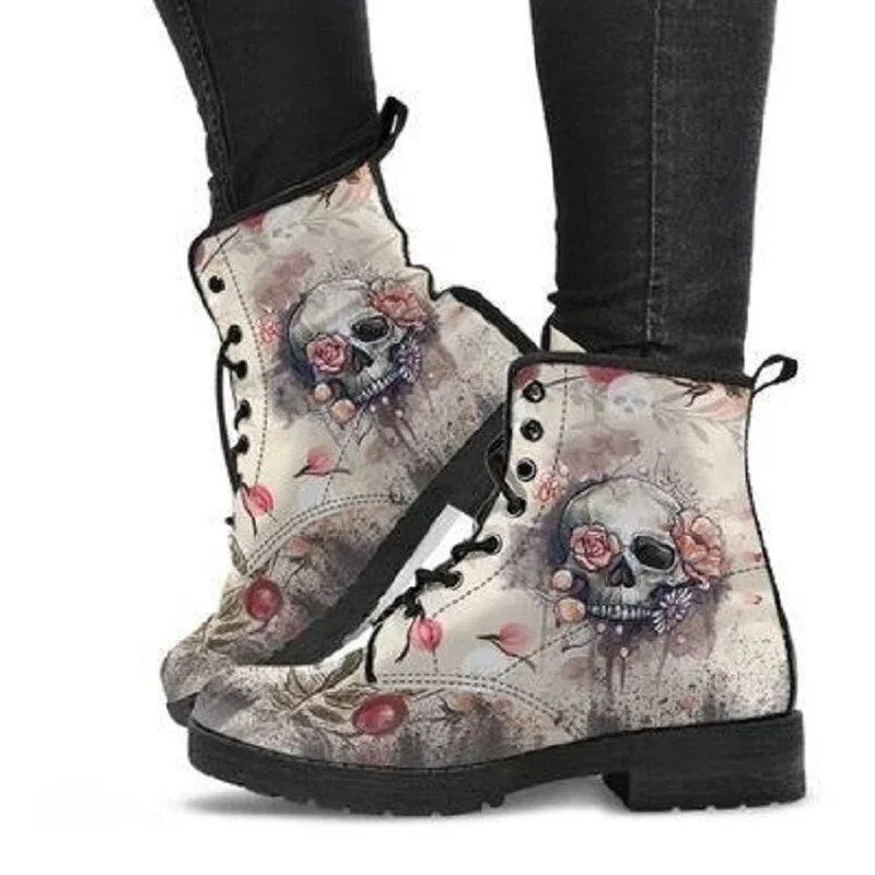 Martin Boots Women's Autumn and Winter New2021British Fashion Women's Tooling Boots Skull and Flower Print High-top Boots Ladies 1226