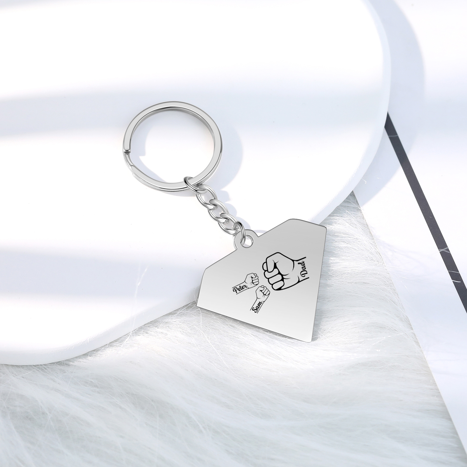 2 Names - Personalised Fist Bump Keyring Engraved Kids Names and text Keyring Gifts for Dad/Grandad