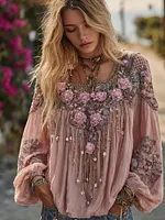 Bohemian Style 3d Rose Embroidery Loose Long Sleeve Top