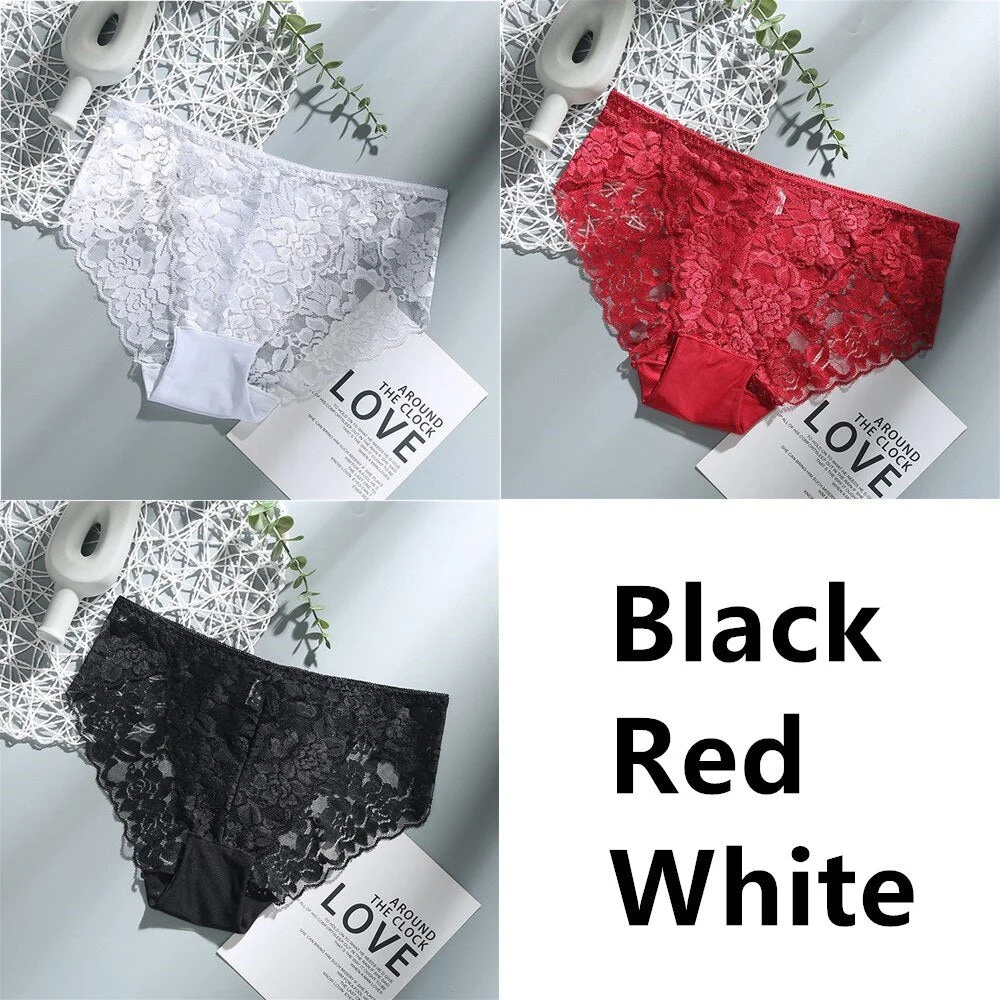 3Pcs Sexy Low Waist Women's Underwear Lace Plus Size Seamless Panties Breathable Lingerie Female Briefs Solid Hollow Underpants