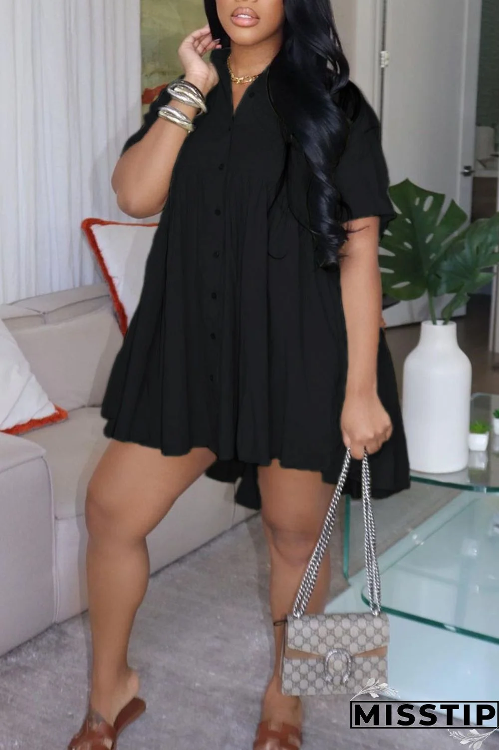 Black Casual Solid Patchwork Buckle Turndown Collar A Line Dresses