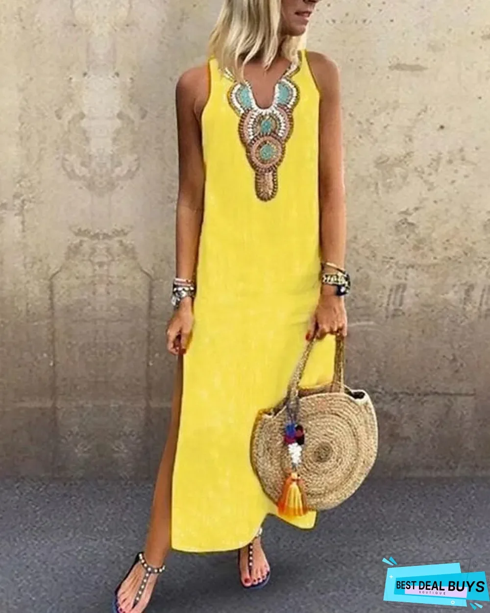 Women's Blazer Dresses Maxi Long Dress - Sleeveless Tribal Split Print Summer V Neck Plus Size Hot Casual Boho Holiday Beach White Yellow Wine Green Gray White Dresses