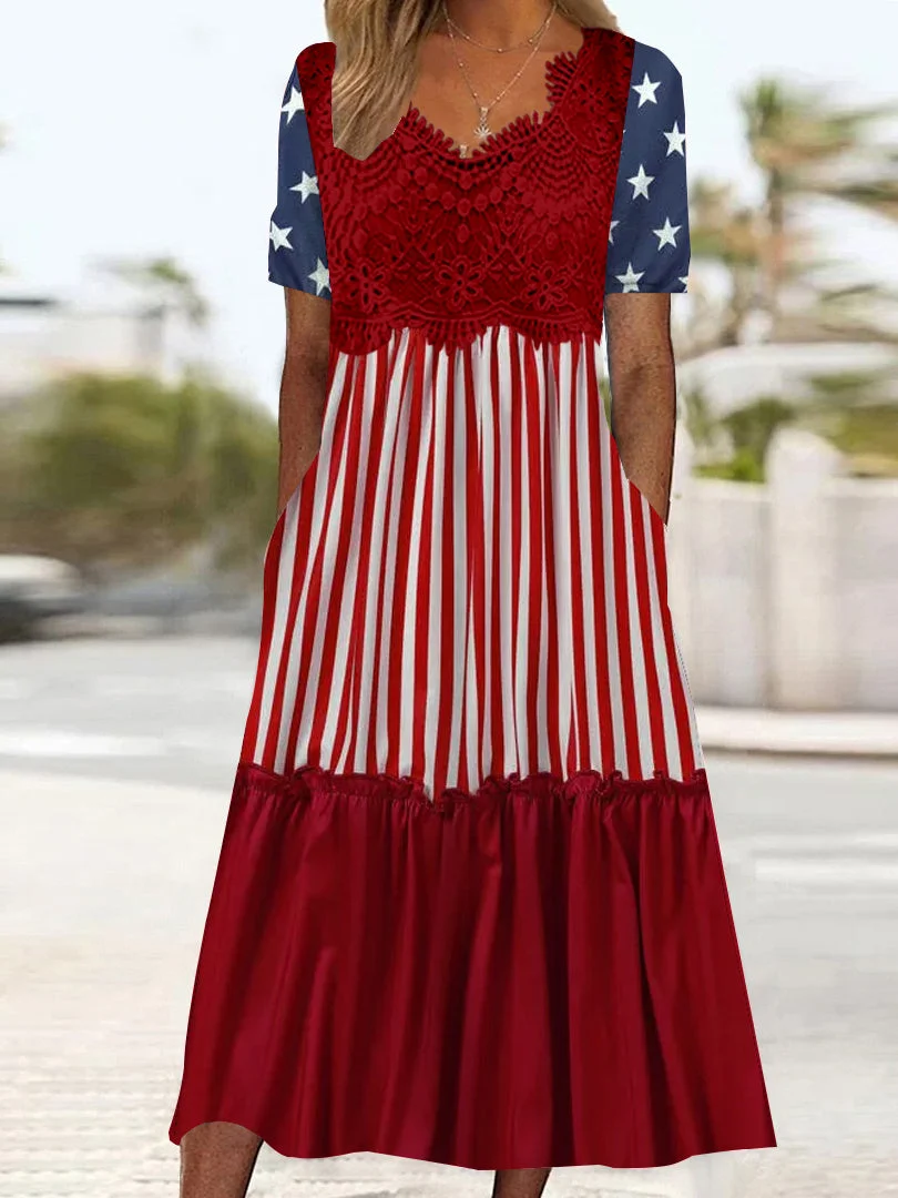 Women's Short Sleeve V-neck Independence Day Graphic Printed Lace Stitching Midi Dress