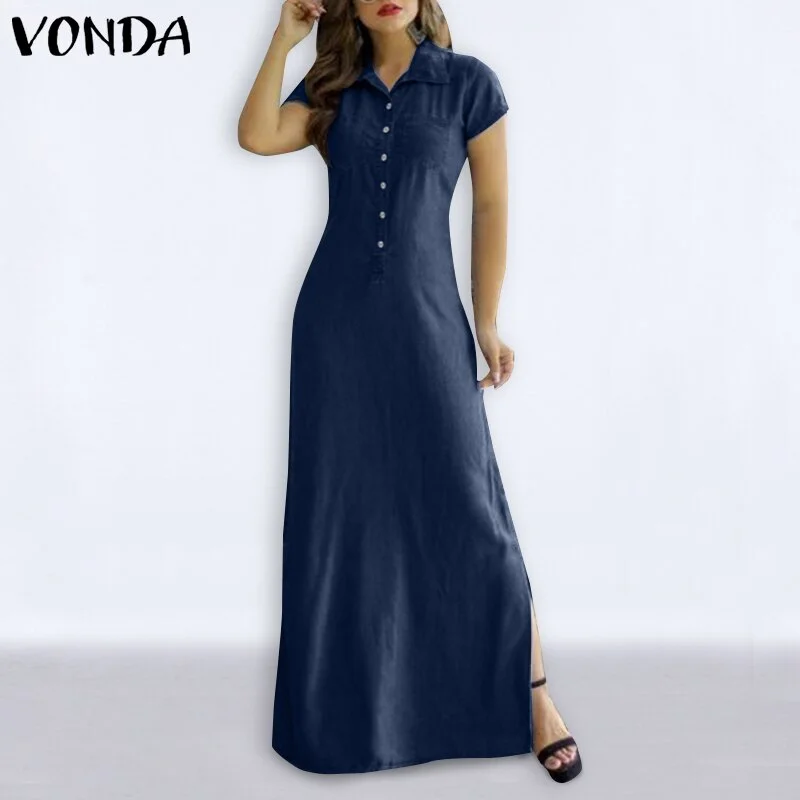 Women Summer Dress 2022 VONDA Casual Turn Down Neck Short Sleeve Demin Dresses  Bohemian Vestidos Femme Sundress