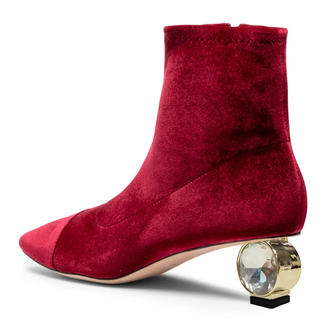 Red Square Toe Velvet Crystal Sculptural Heel Booties for Women