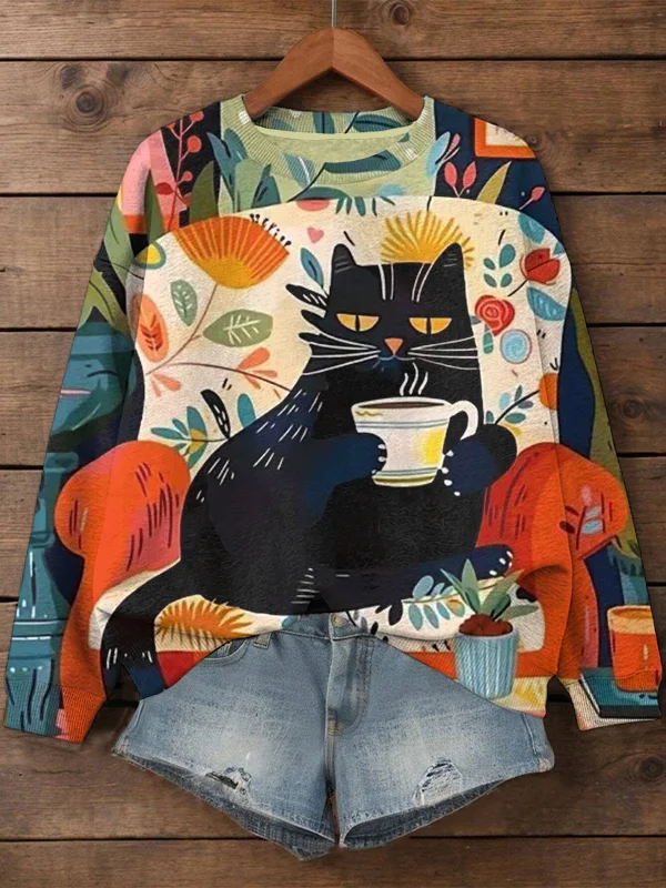 Women's Black Cat Coffee Time Print Casual Sweatshirt