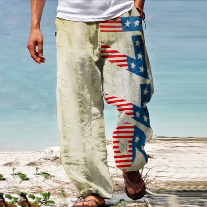 Men's Linen Double Pocket 1776 Printed Resort Casual Pants、、URBENIE