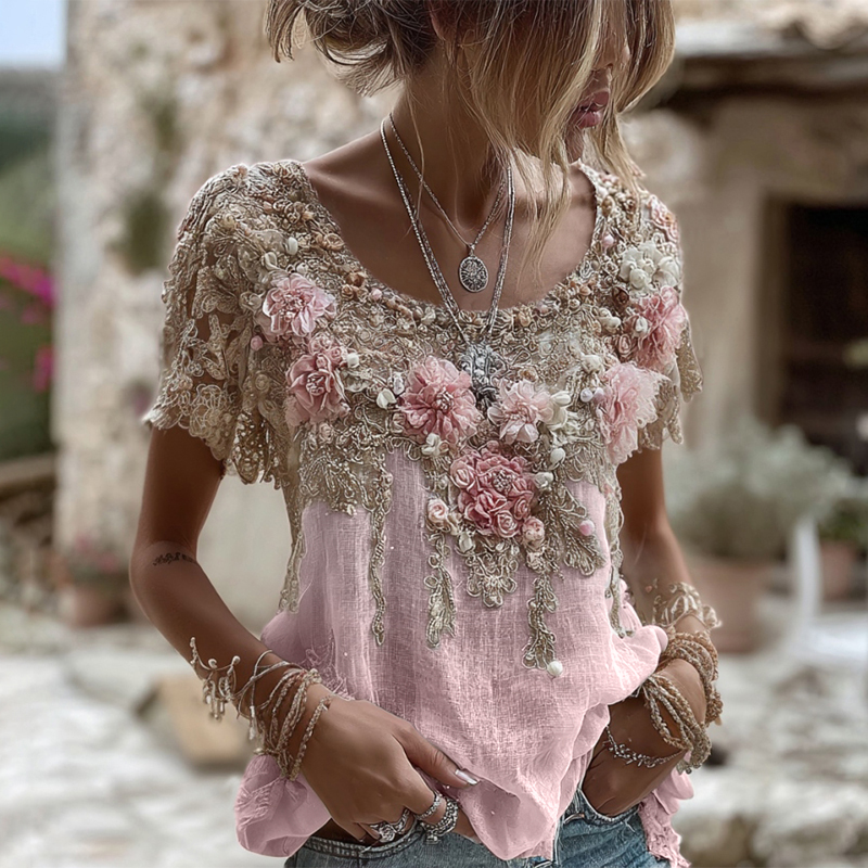 Women's Pink Rose Embroidery Art Round Neck Short Sleeve Linen Blend T-shirt wearshes