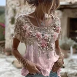 Women's Pink Rose Embroidery Art Round Neck Short Sleeve Linen Blend T-shirt - Image 3