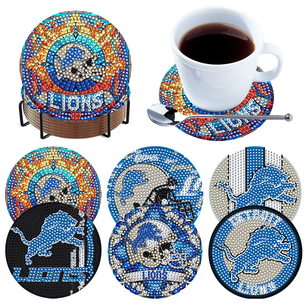 Detroit Lions 6pcs DIY Diamond Painting Coasters W/ Holder for Beginners