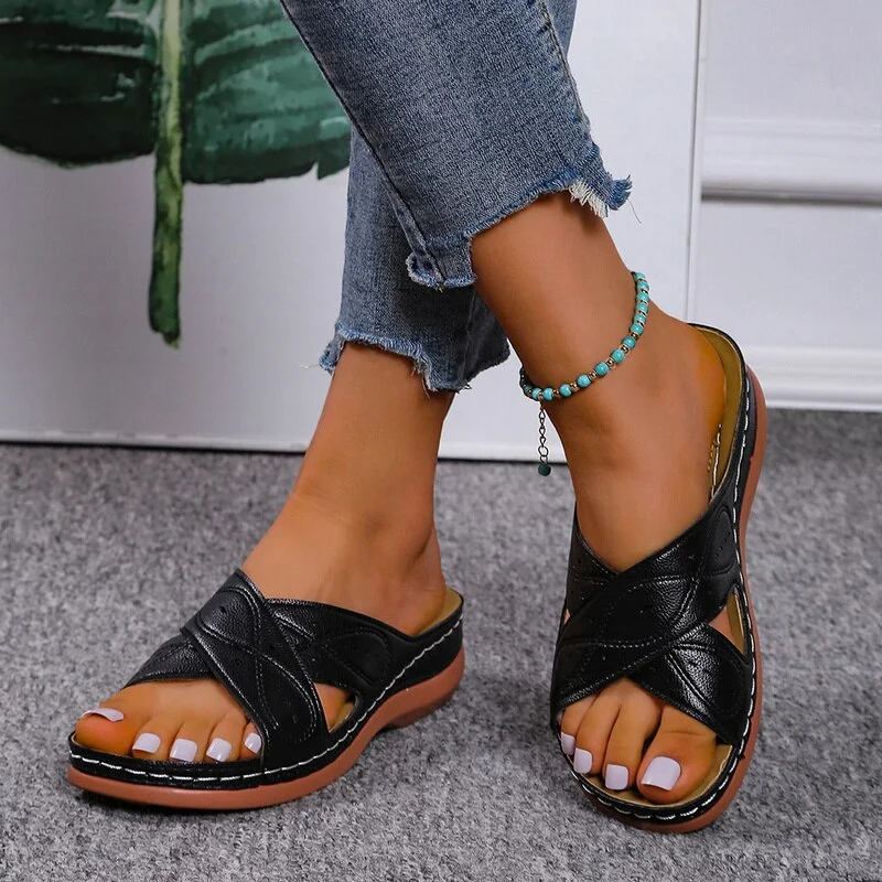 Yyvonne Summer Women Wedge Sandals Premium Orthopedic Open Toe Sandals Vintage Anti-slip Leather Casual Female Platform Retro Shoes