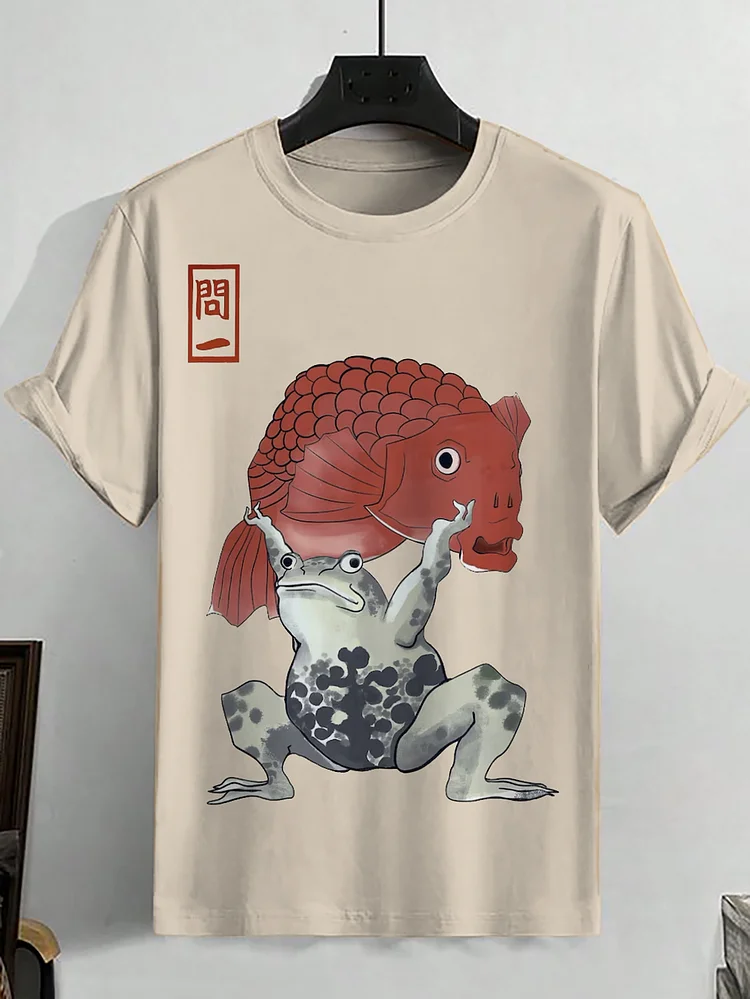 Men's Japanese Art Koi Fish Frog Graphic Print Casual T-Shirt