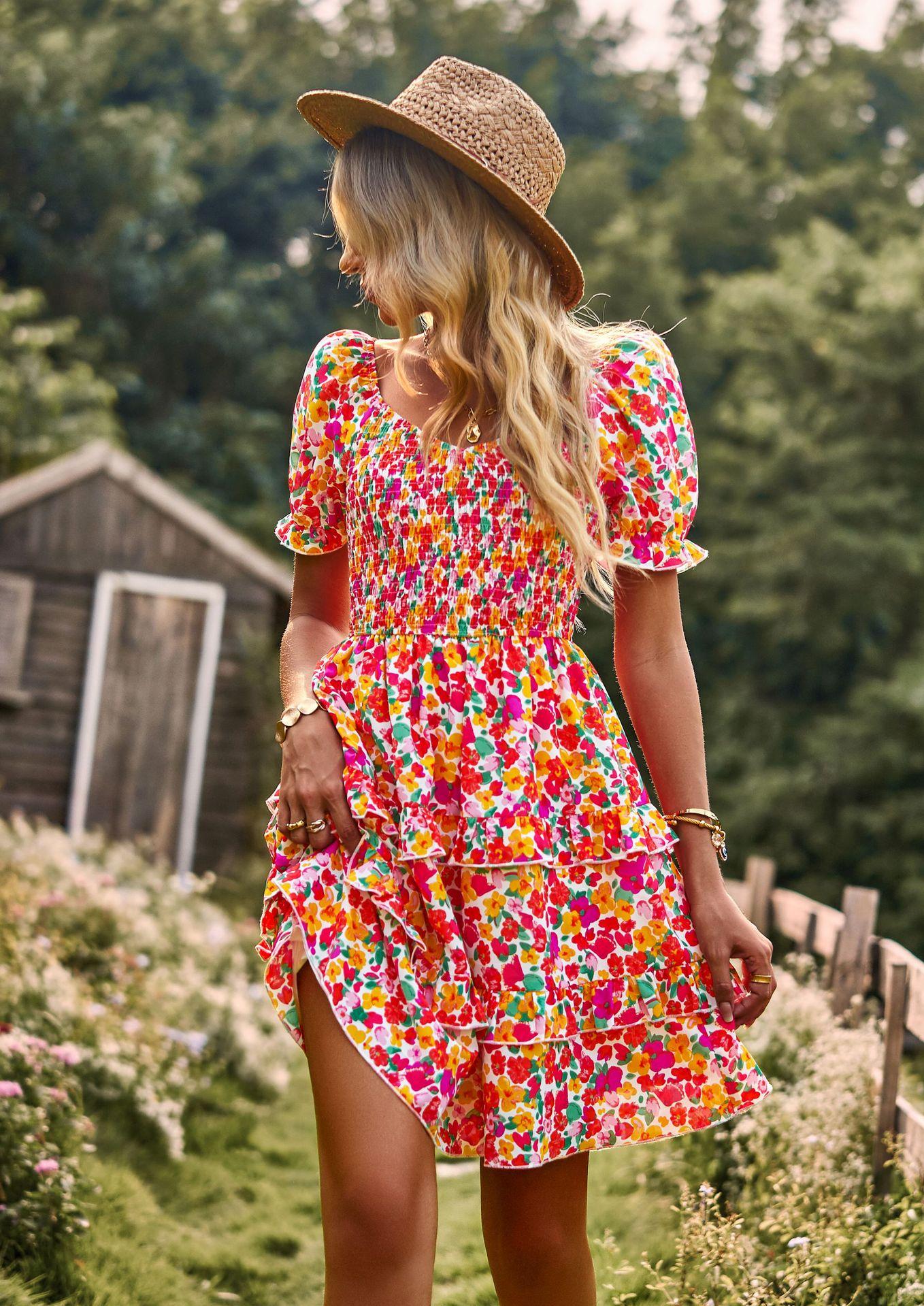 Summer Mature Ladies Floral Short Sleeve Beach Mini Dress