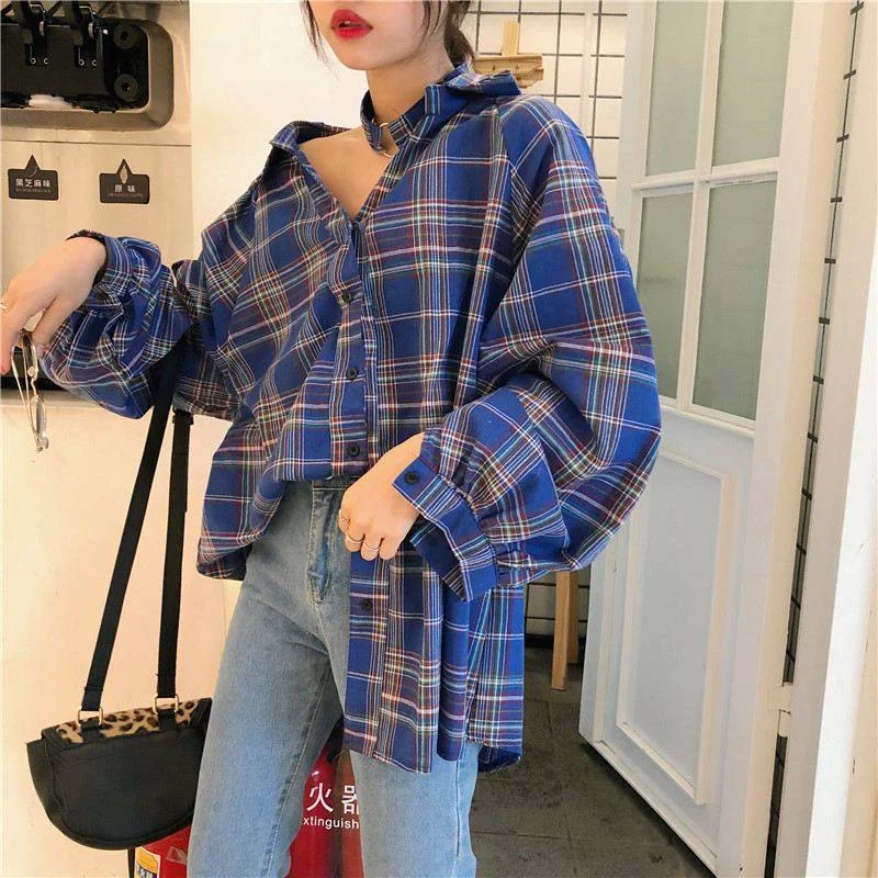 Blouses Women Classic Plaid Simple Loose Mid-long Student Korean Style BF Harajuku Shirt Womens Clothing Chic Fashion Streetwear