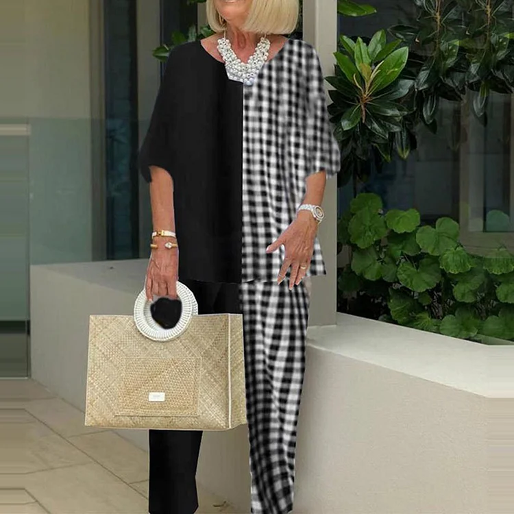Casual Temperament Elegant Plaid Stitching Two-Piece Set