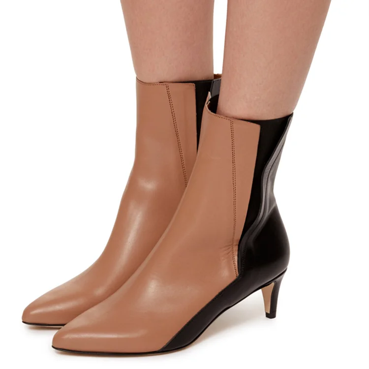 Brown and Black Two Tone Ankle Boots Pointy Toe Kitten Heel Boots |FSJ Shoes