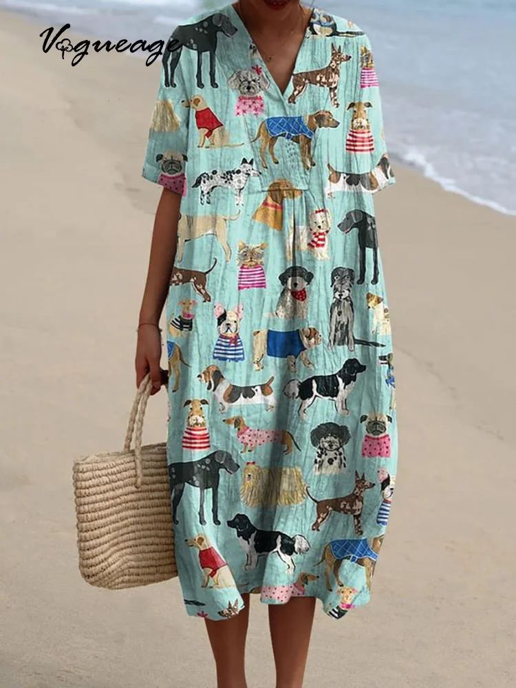 Cartoon Cute Animal Puppy Printed Women's Casual Cotton And Linen Dress