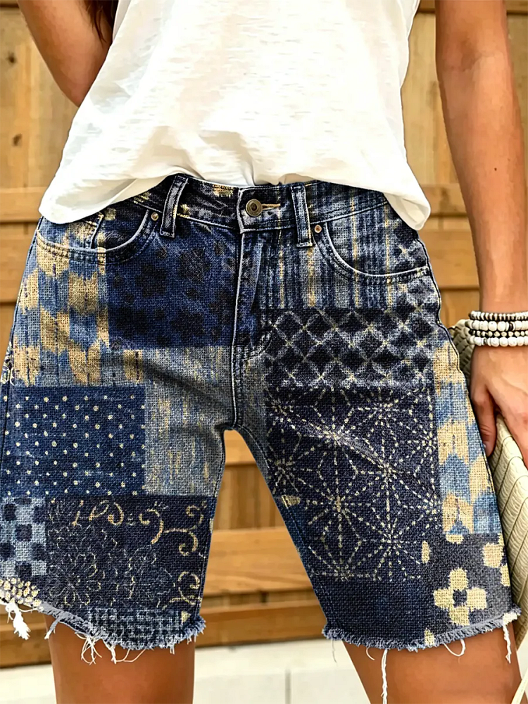 Ethnicity Patchwork Geometry Flowers Women's Art Print Casual Denim Shorts