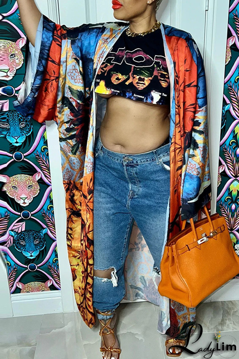 Black Fashion Print Patchwork Cardigan Collar Outerwear(Without belt)