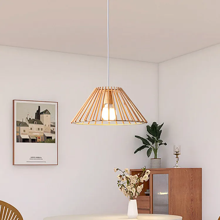 Traditional Japanese Round Trapezoidal Hollowed Out Wood 1-Light Pendant Light For Living Room