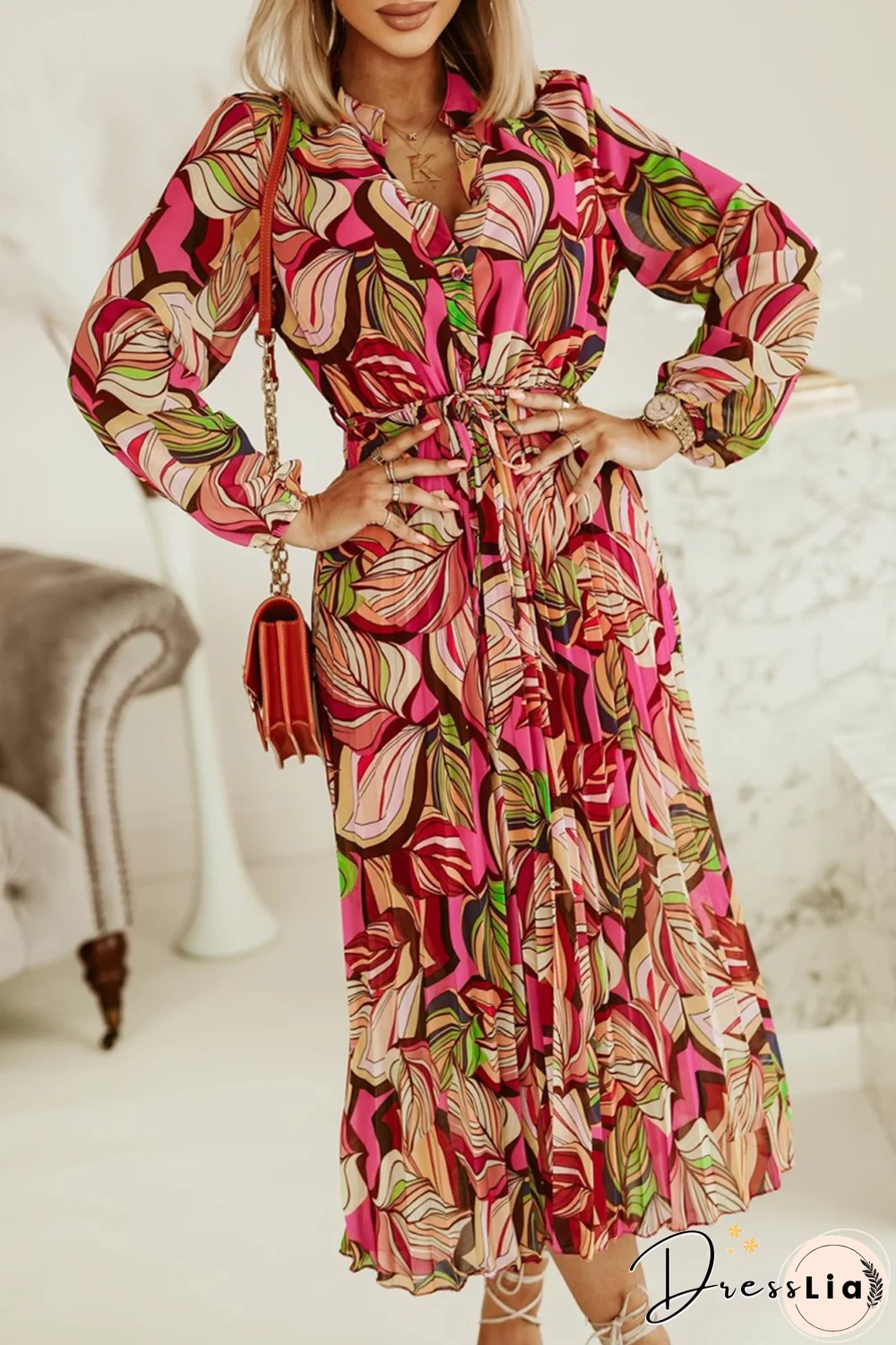 Casual Print Split Joint Turndown Collar Waist Skirt Dresses(3 Colors)