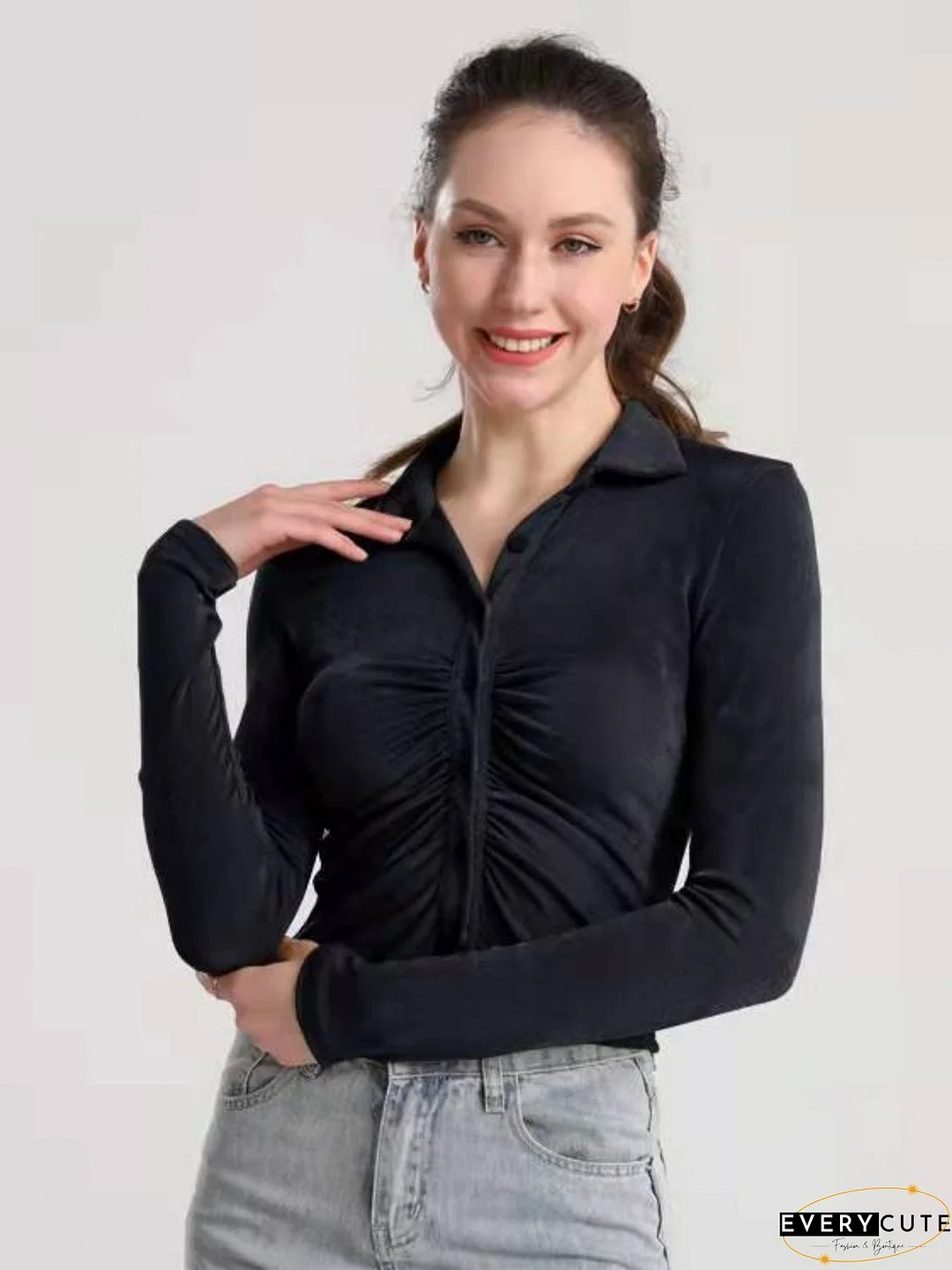 Ruched Button Up Long Sleeve T-Shirt