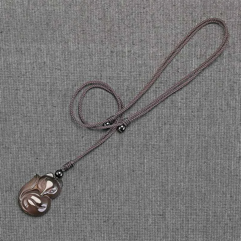 Natural Black Obsidian Tiger Eye Ice Obsidian Fox Pendant Amulet Necklace