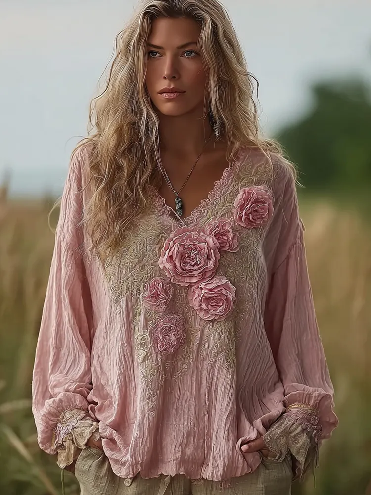 Bohemian Retro Countryside Plant Flower Pattern V-neck Top