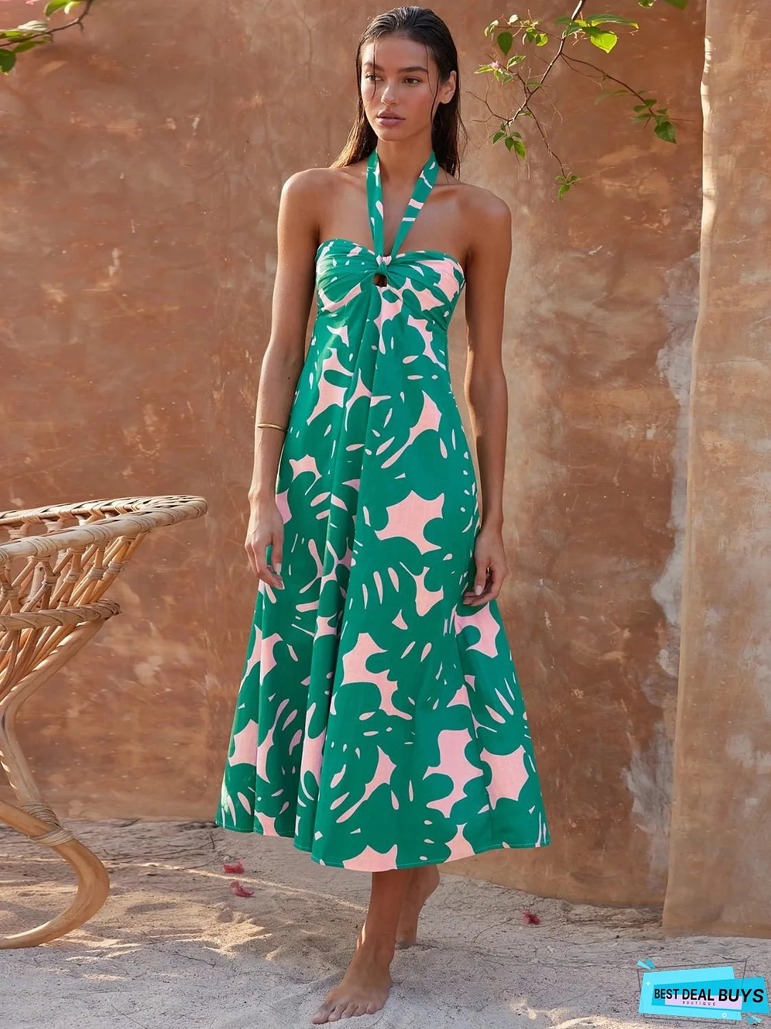 Printed Halter Neck Midi Cami Dress