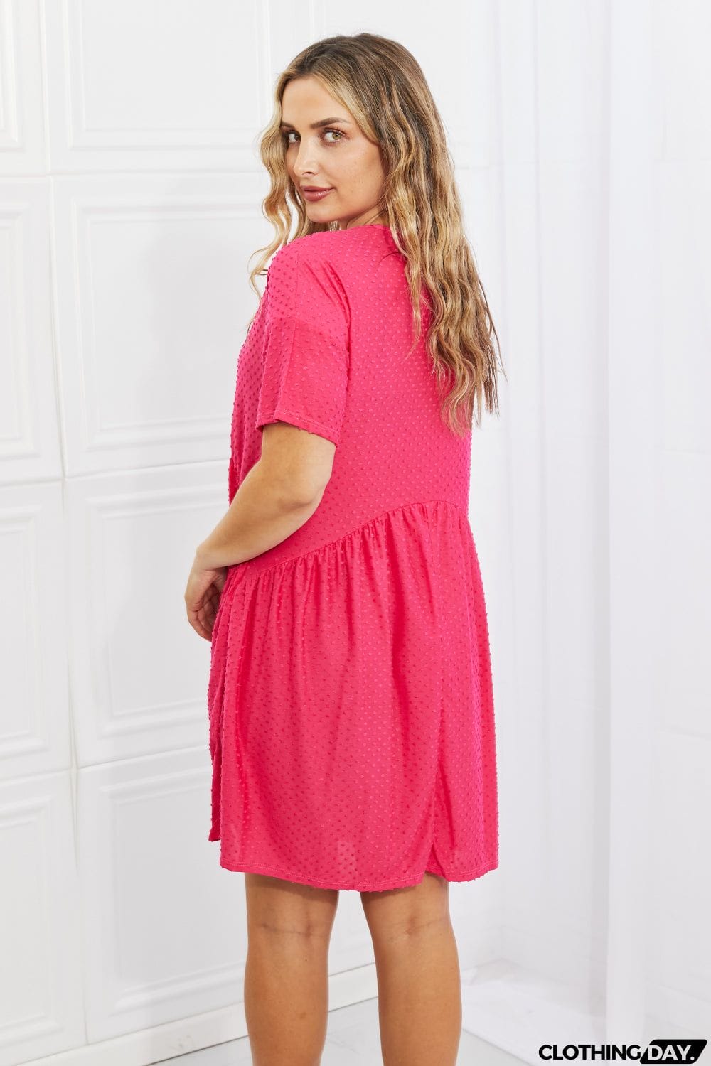BOMBOM Another Day Swiss Dot Casual Dress in Fuchsia
